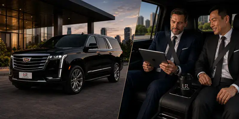 Two business executives collaborate on a tablet inside a luxury Cadillac Escalade during a premium chauffeur ride, with the official Lavish Ride logo displayed on the front license plate and branded coffee cup outside a modern office building at sunset.